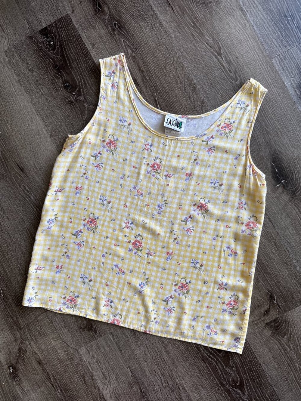Vintage 80s Cassino Yellow Gingham Floral Rayon Tank Top M